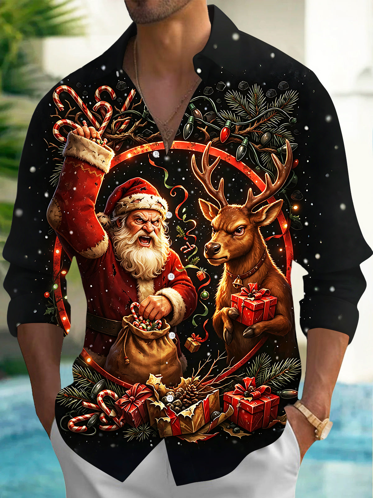 Oceanlyte Men's Long Sleeve Shirt - Angry Santa Claus And Reindeer With Gifts Print with Chest Pocket