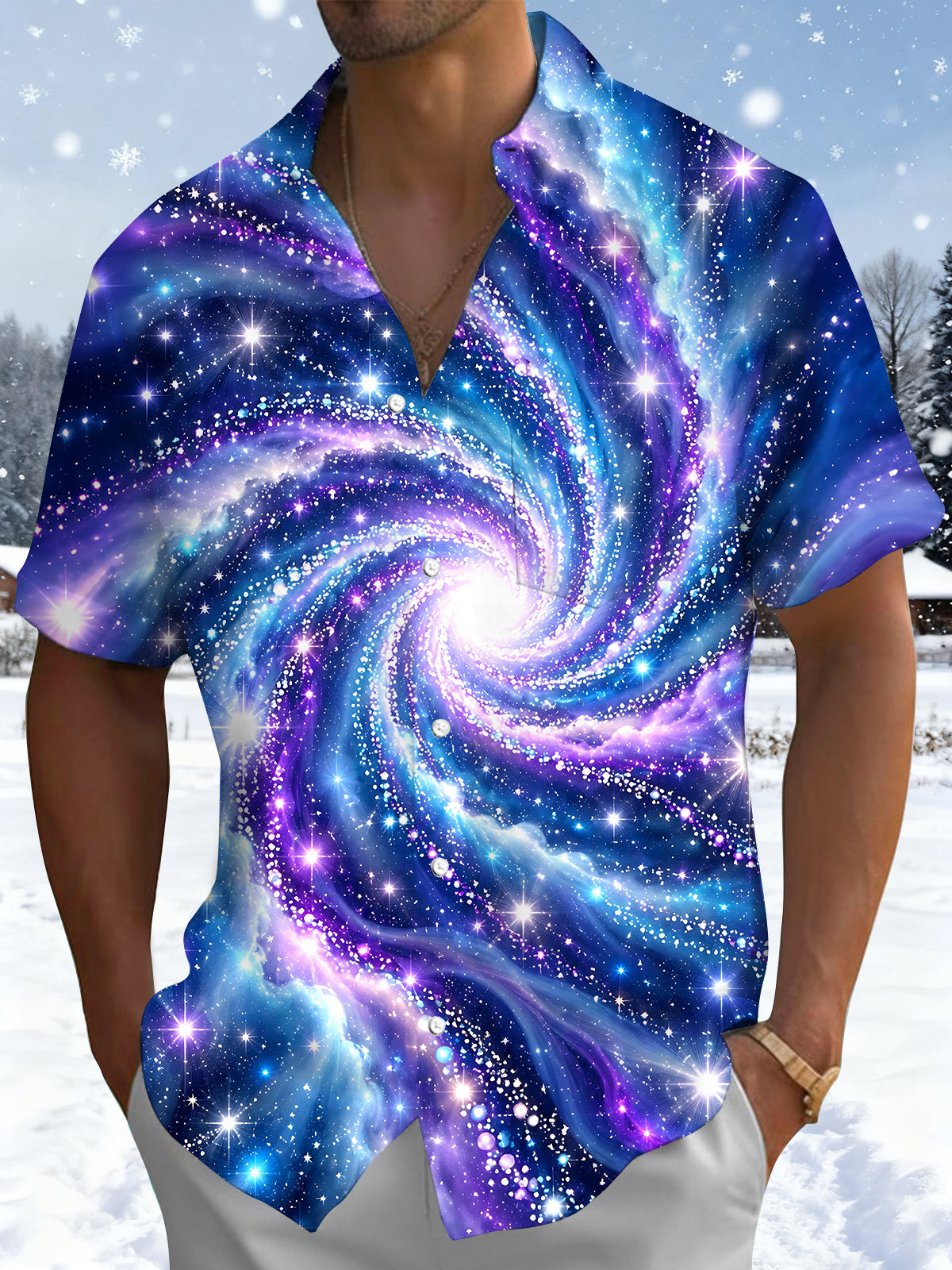 Oceanlyte Men's Printed Galaxy Swirl Print Short Sleeve Shirt with Chest Pocket