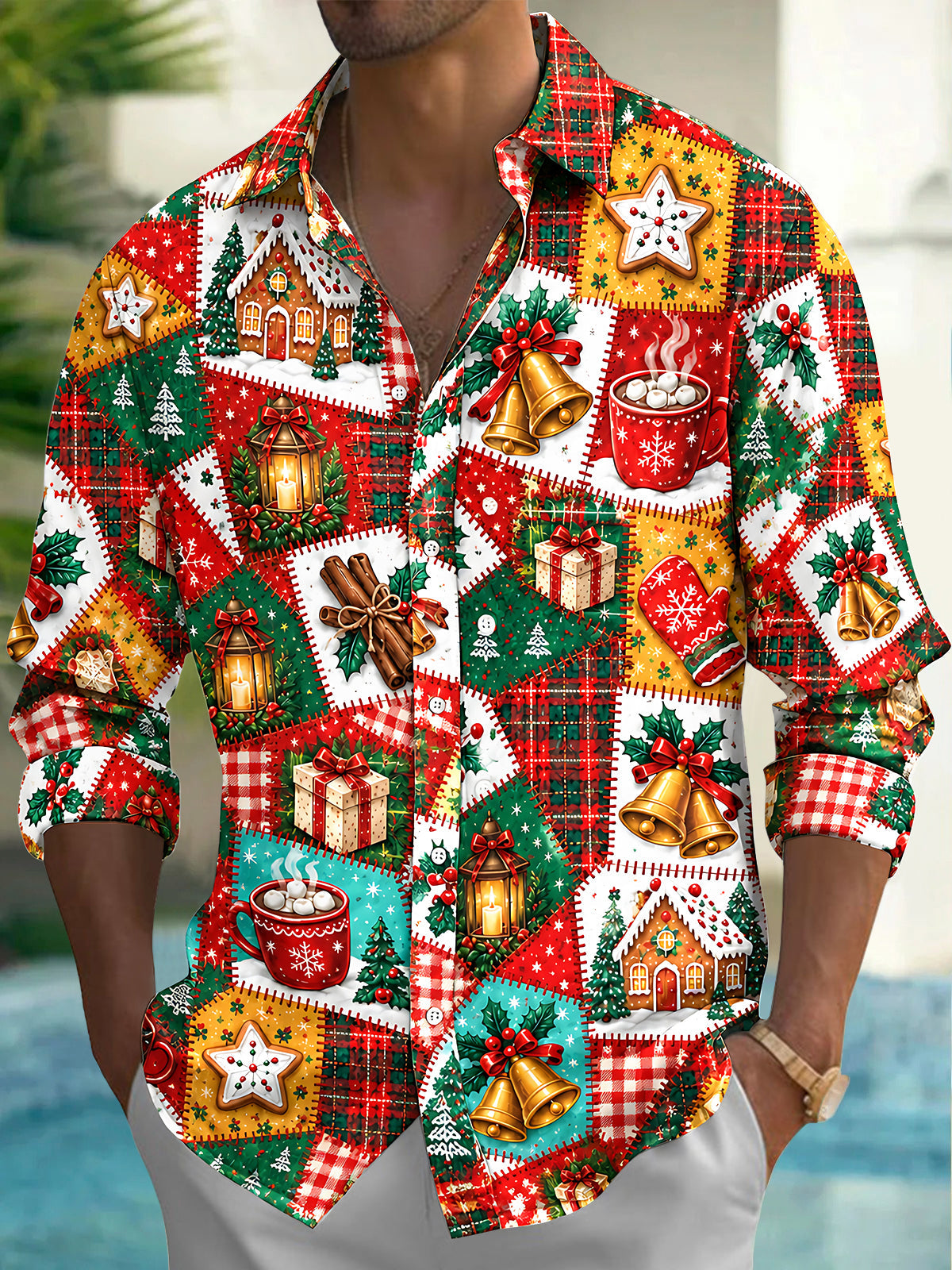 Oceanlyte Men's Graphic Christmas Patchwork Motifs Print Long Sleeve Shirt with Chest Pocket