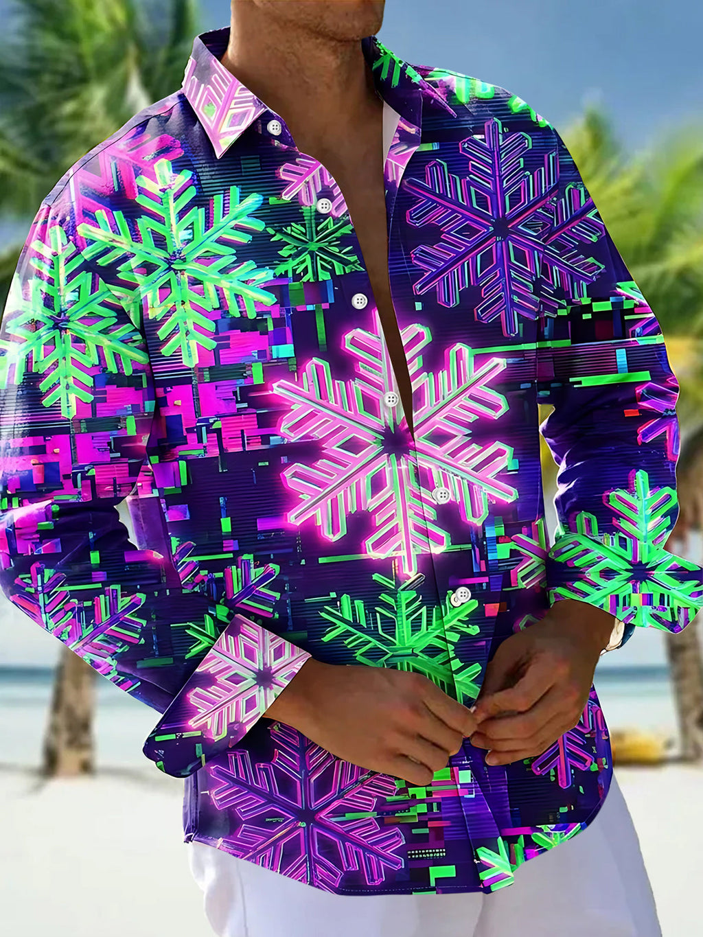 Oceanlyte Men's Long Sleeve Shirt - Neon Snowflakes With Glitch Art Background Print with Chest Pocket