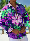 Oceanlyte Men's Long Sleeve Shirt - Neon Snowflakes With Glitch Art Background Print with Chest Pocket