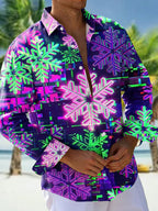 Oceanlyte Men's Long Sleeve Shirt - Neon Snowflakes With Glitch Art Background Print with Chest Pocket