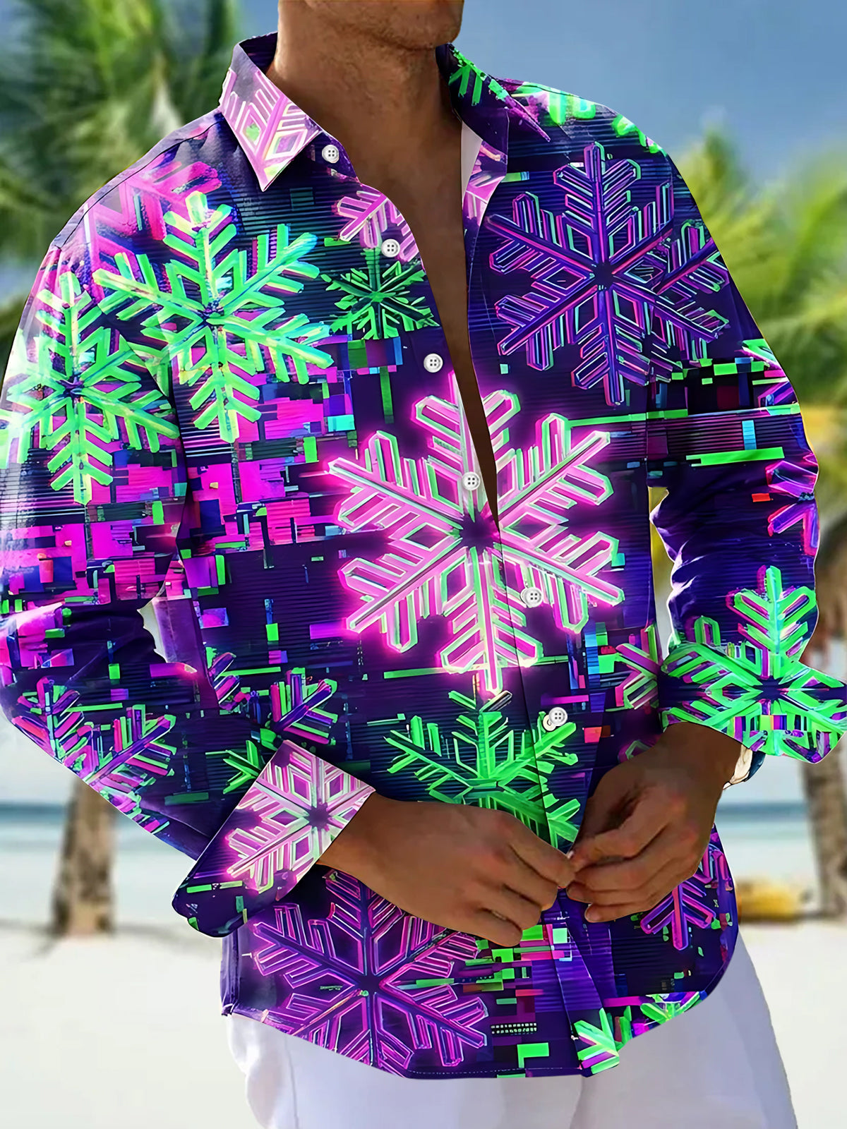 Oceanlyte Men's Long Sleeve Shirt - Neon Snowflakes With Glitch Art Background Print with Chest Pocket