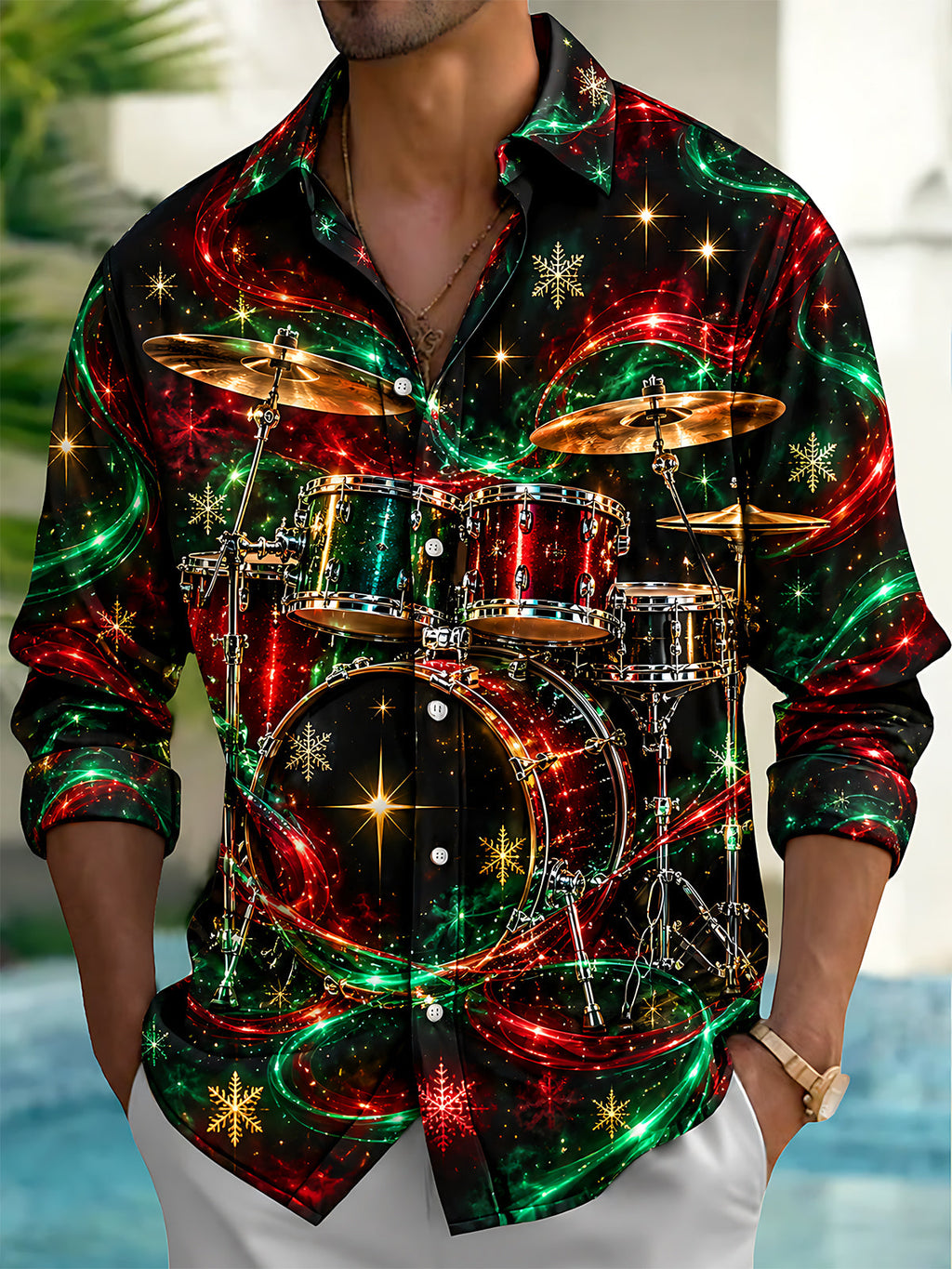 Oceanlyte Men's Christmas Drum Set And Snowflakes Print Long Sleeve Shirt with Chest Pocket