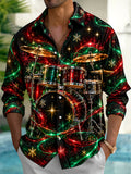 Oceanlyte Men's Christmas Drum Set And Snowflakes Print Long Sleeve Shirt with Chest Pocket