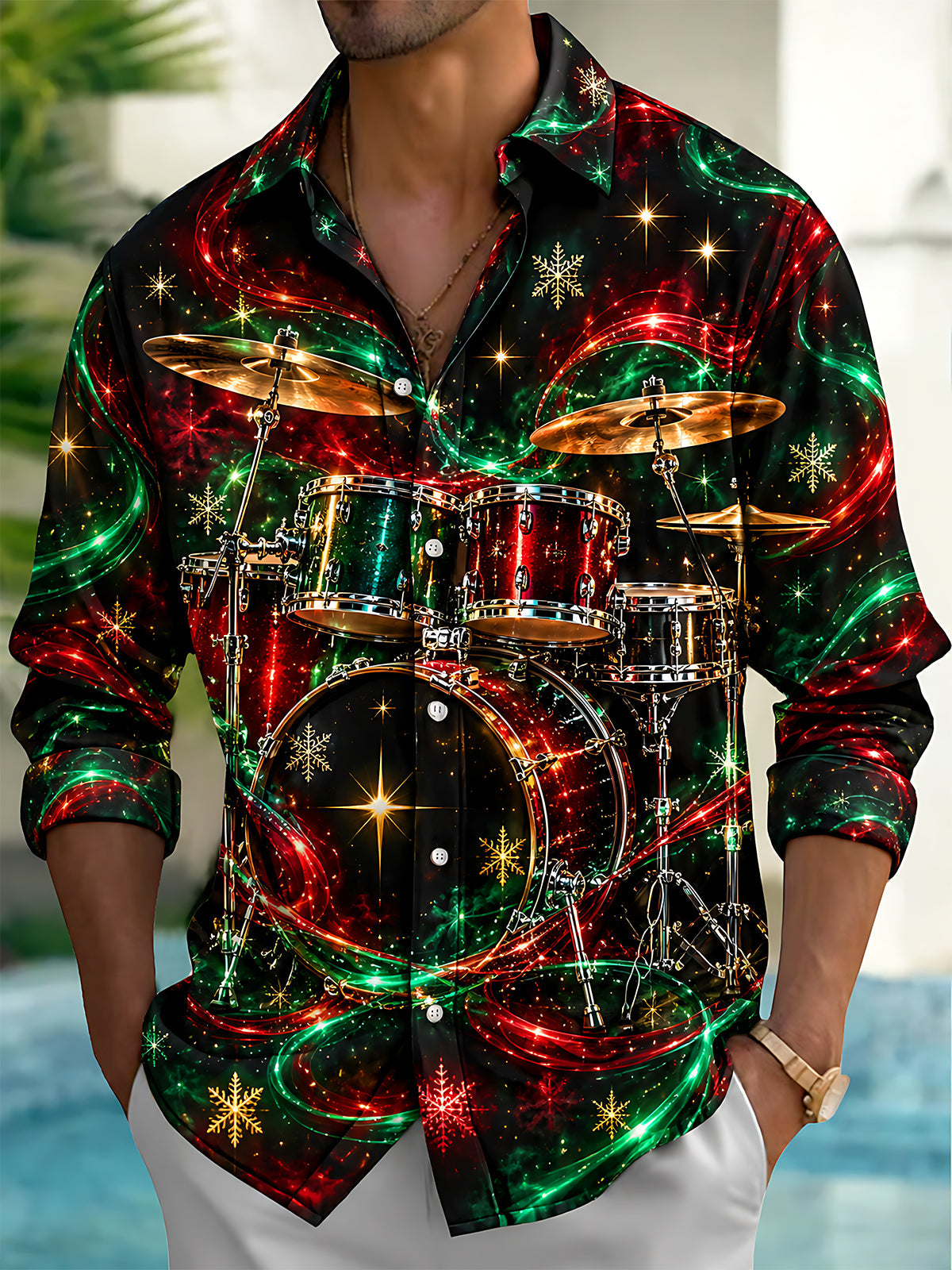 Oceanlyte Men's Christmas Drum Set And Snowflakes Print Long Sleeve Shirt with Chest Pocket