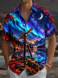 Oceanlyte Men's Telescope And Northern Lights Landscape Print Short Sleeve Shirt with Chest Pocket