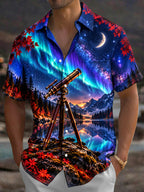 Oceanlyte Men's Telescope And Northern Lights Landscape Print Short Sleeve Shirt with Chest Pocket
