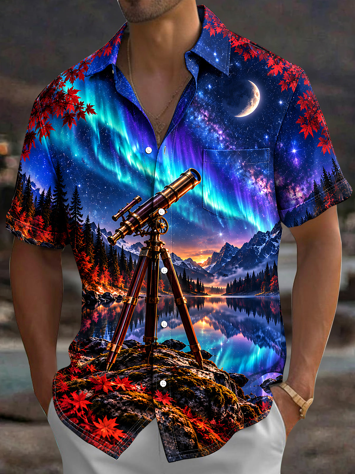 Oceanlyte Men's Telescope And Northern Lights Landscape Print Short Sleeve Shirt with Chest Pocket