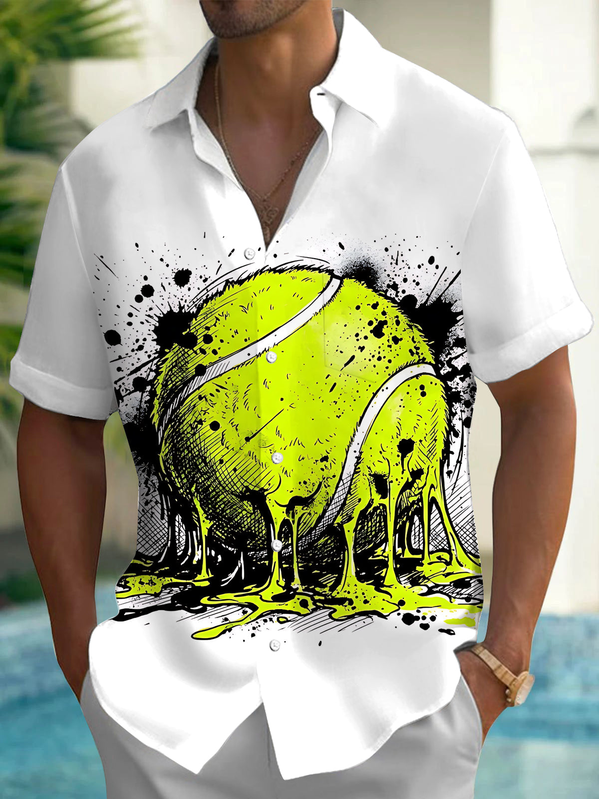 Oceanlyte Men's Melting Tennis Ball With Splatter Art Print Short Sleeve Shirt with Chest Pocket