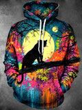 Oceanlyte Men's Black Cat On Branch With Full Moon Print Long Sleeve Hoodie