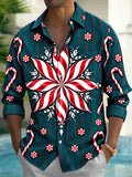 Oceanlyte Men's Long Sleeve Shirt - Christmas Candy Cane And Peppermint Snowflake Print with Chest Pocket