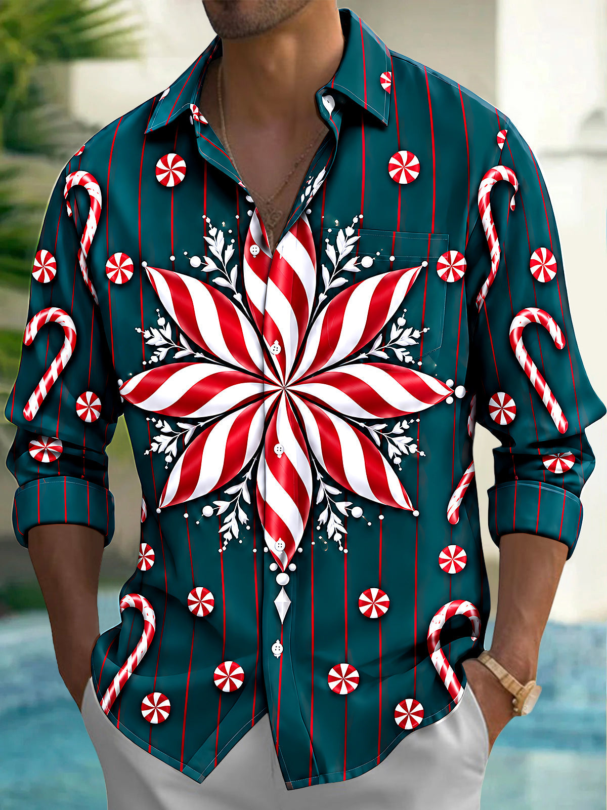 Oceanlyte Men's Long Sleeve Shirt - Christmas Candy Cane And Peppermint Snowflake Print with Chest Pocket