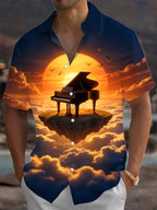 Oceanlyte Men's Hawaiian Grand Piano On Floating Island Print Short Sleeve Shirt with Chest Pocket