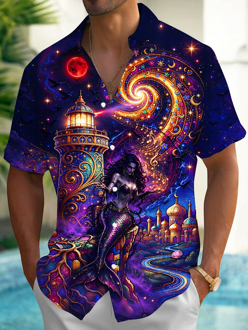 Oceanlyte Men's Hawaiian Dark Mermaid And Lighthouse Print Short Sleeve Shirt with Chest Pocket