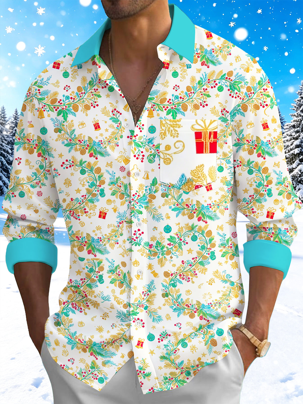 Oceanlyte Men's Christmas Pine Branches And Gift Boxes Print Long Sleeve Shirt with Chest Pocket