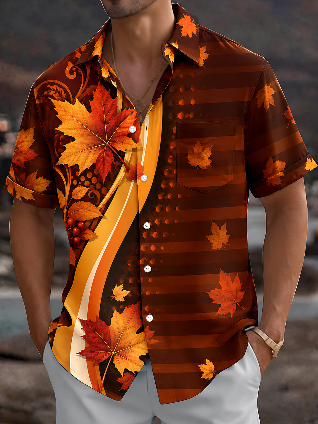 Oceanlyte Men's Hawaiian Autumn Maple Leaves Print Short Sleeve Shirt with Chest Pocket