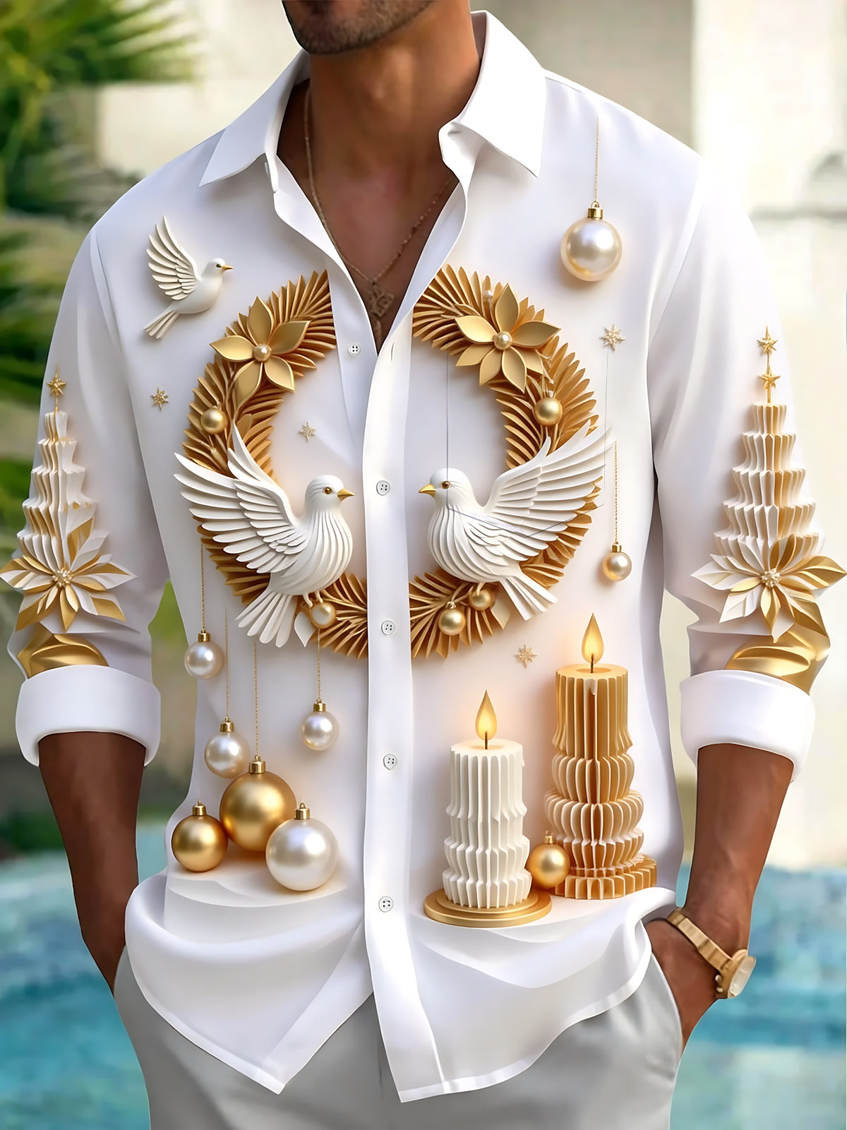 Oceanlyte Men's Christmas White Doves And Gold Wreaths Print Long Sleeve Shirt with Chest Pocket