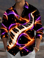 Oceanlyte Men's Abstract Piano Keys And Neon Light Waves Print Long Sleeve Shirt with Chest Pocket