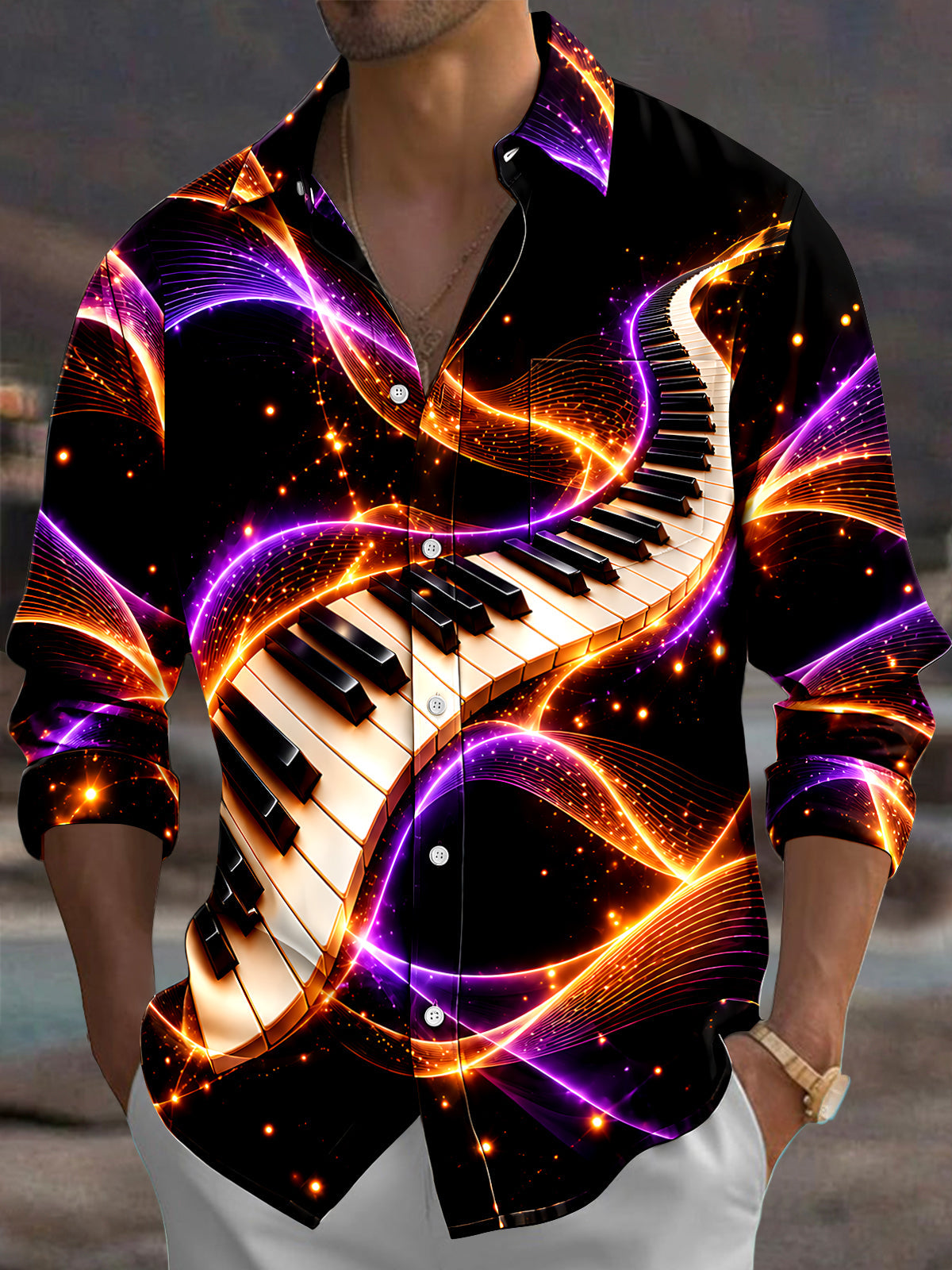 Oceanlyte Men's Abstract Piano Keys And Neon Light Waves Print Long Sleeve Shirt with Chest Pocket