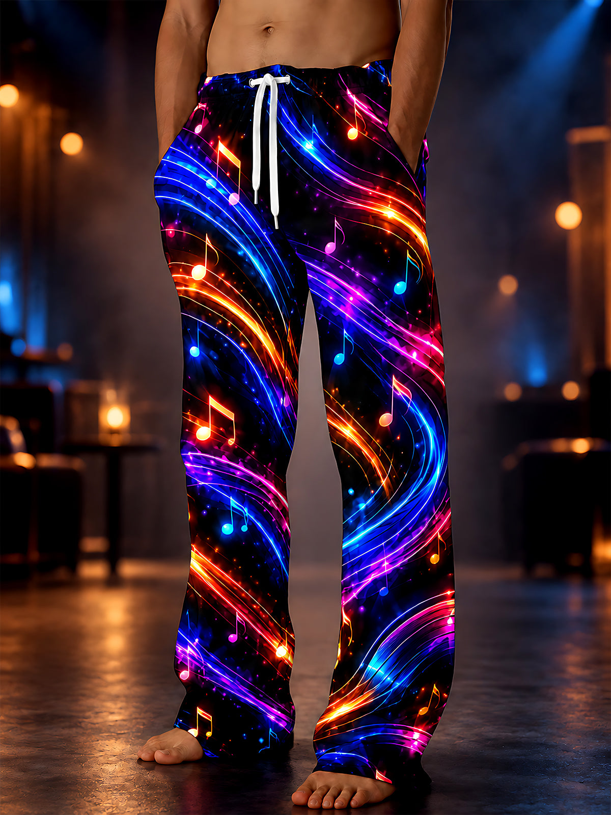Oceanlyte Men's Graphic Neon Musical Notes And Light Trails Print Pants