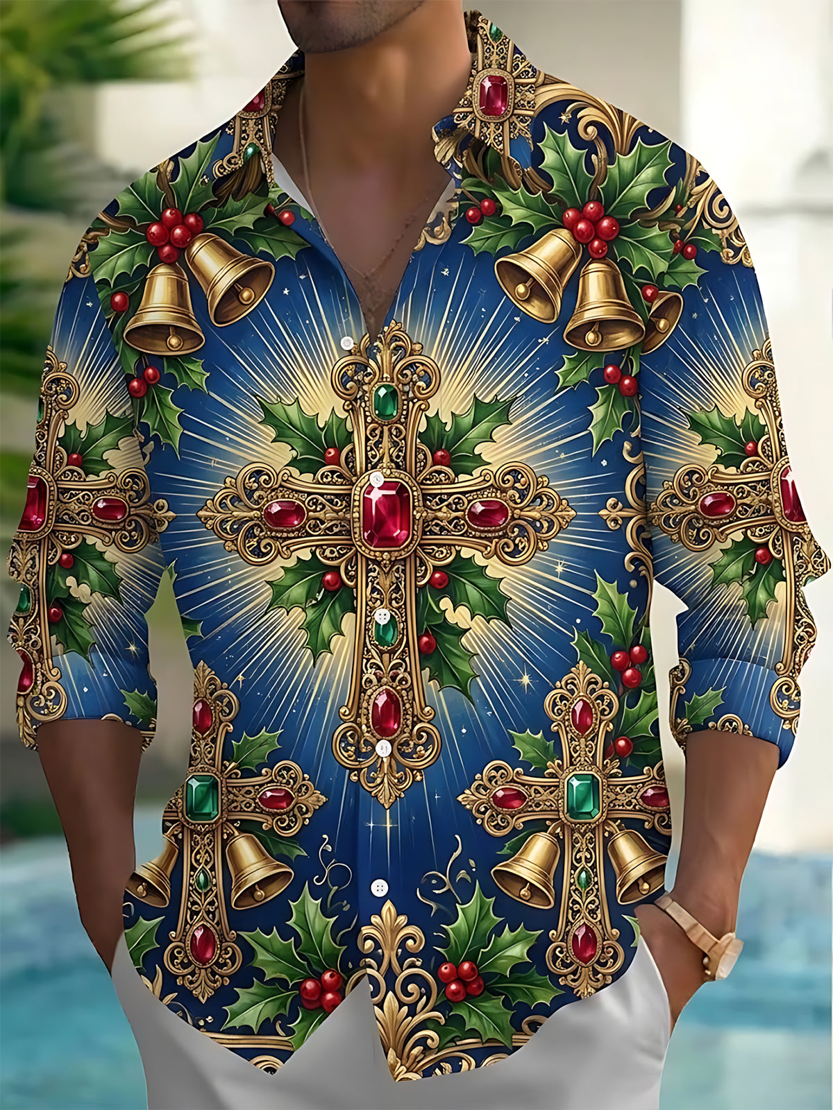 Oceanlyte Men's Long Sleeve Shirt - Christmas Ornate Crosses With Jewels And Holly Bells Print with Chest Pocket