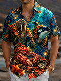 Oceanlyte Men's Short Sleeve Shirt - Marine Life With Autumn Leaves And Pumpkins Print with Chest Pocket