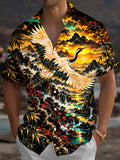 Oceanlyte Men's Red-crowned Crane And Landscape Print Short Sleeve Shirt with Chest Pocket