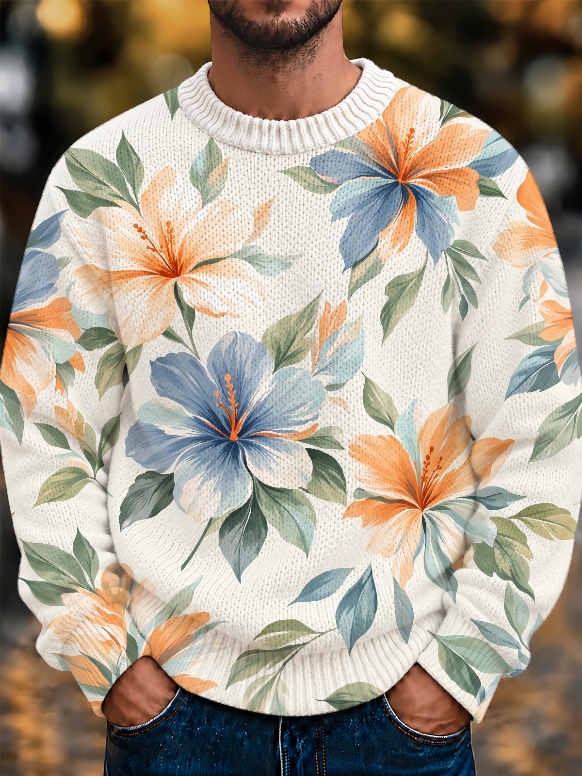 Oceanlyte Men's Hibiscus Flowers And Leaves Print Long Sleeve Crew Neck Sweater