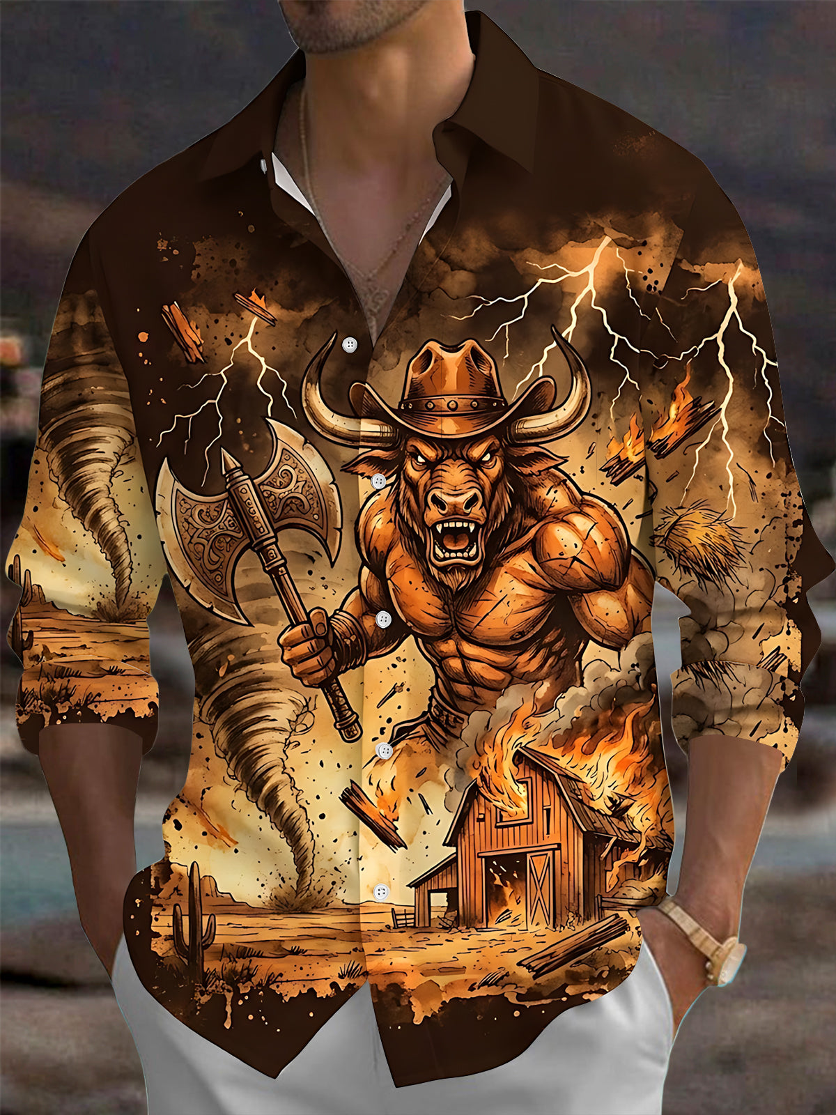 Oceanlyte Men's Graphic Western Bull Warrior Print Long Sleeve Shirt with Chest Pocket