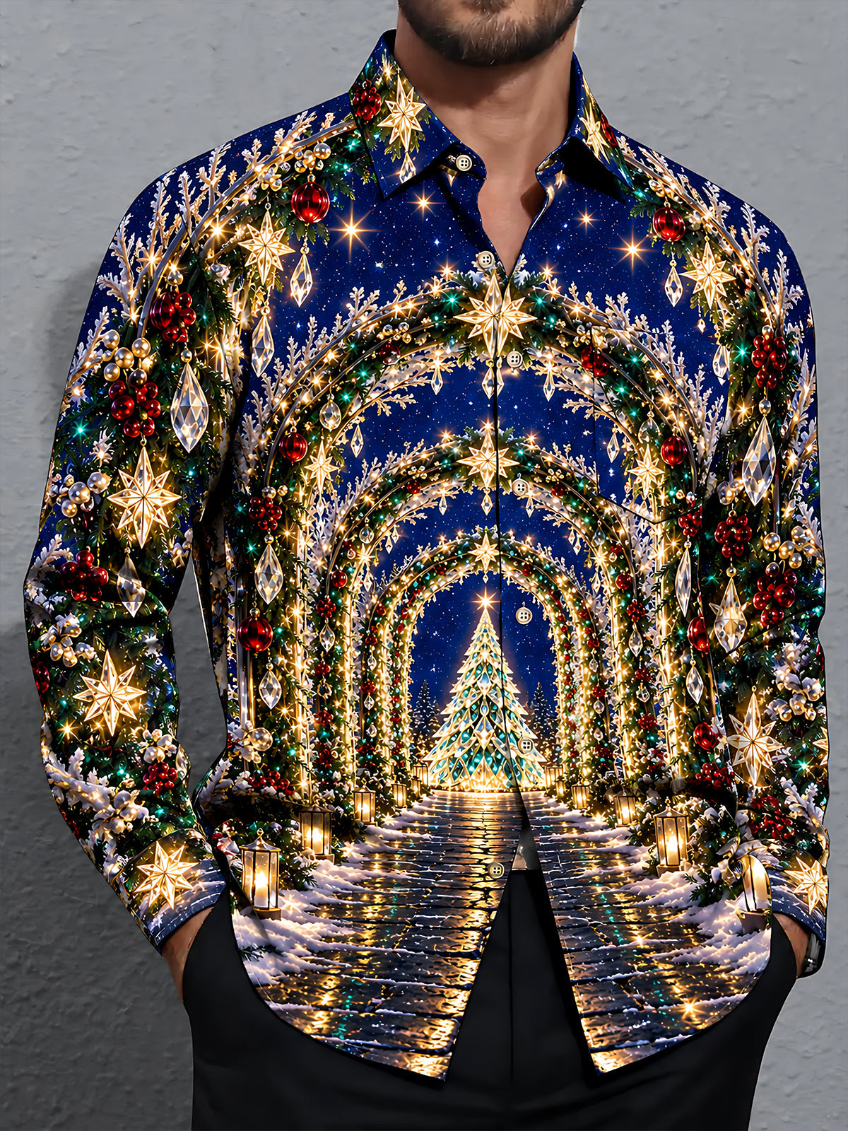 Oceanlyte Men's Long Sleeve Shirt - Christmas Tree And Archway With Ornaments Print with Chest Pocket