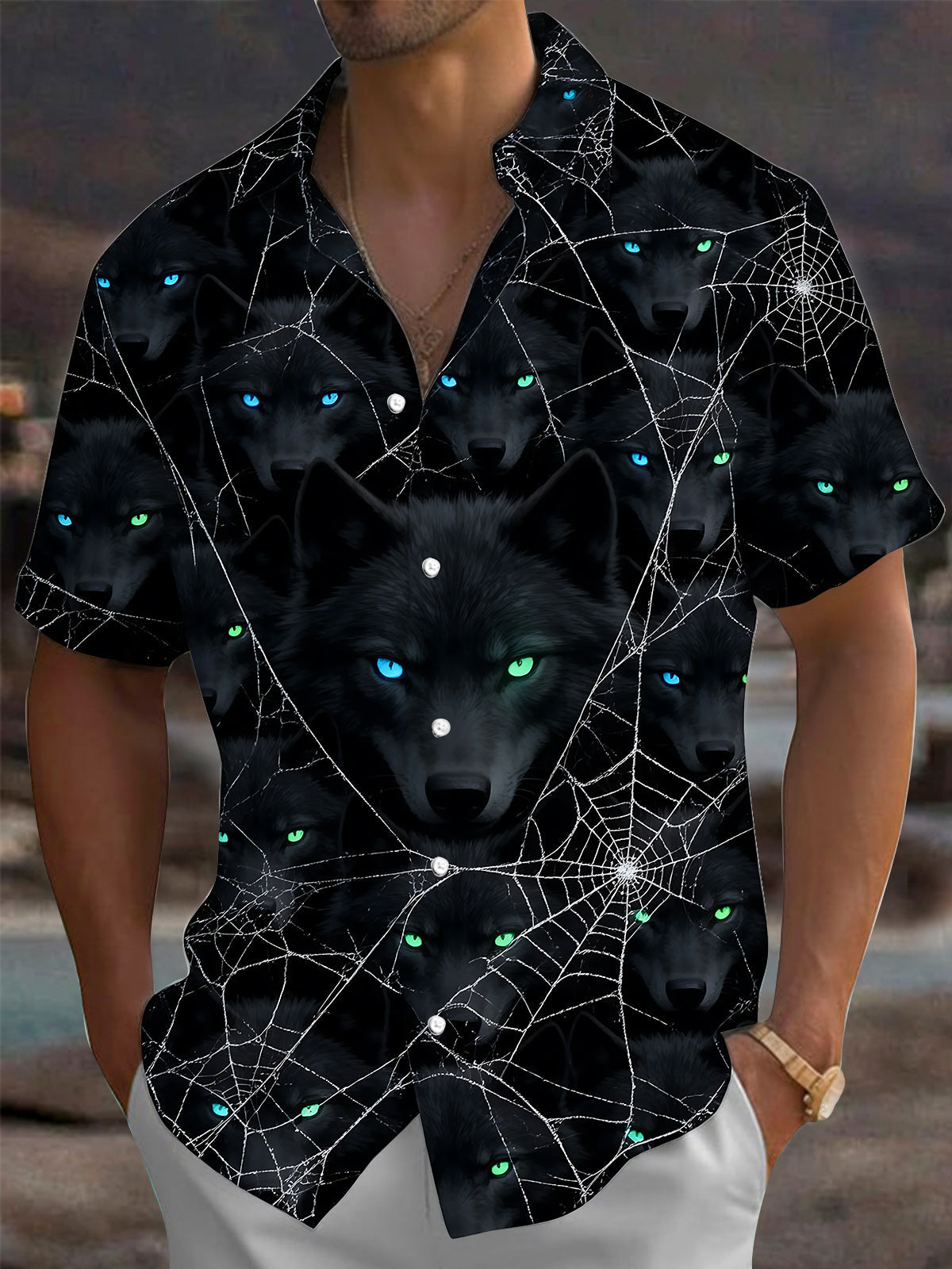 Oceanlyte Men's Short Sleeve Shirt - Halloween Black Wolf Faces And Spider Webs Print with Chest Pocket