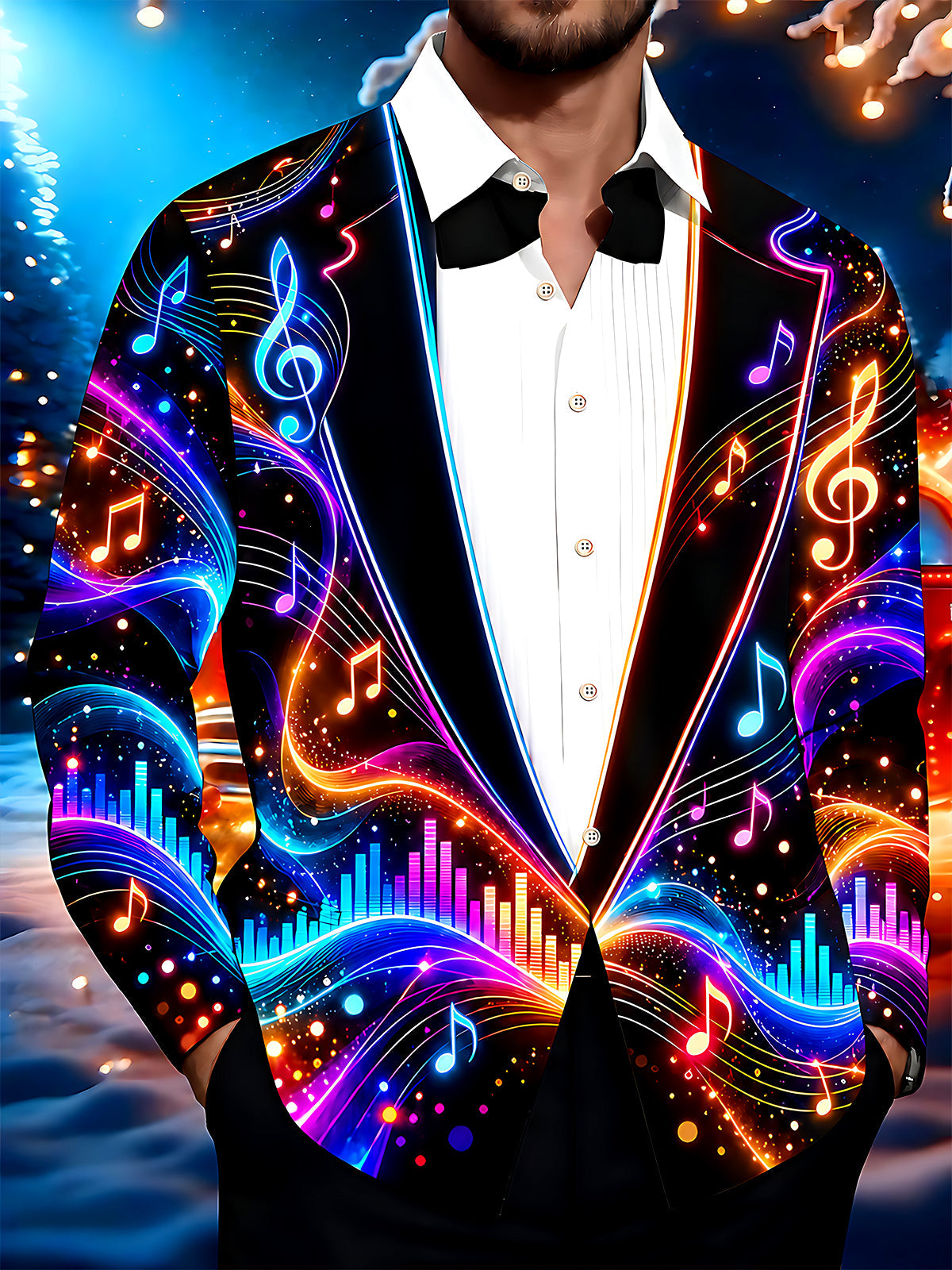 Oceanlyte Men's Neon Musical Notes And Audio Visualizer Print Long Sleeve Shirt with Chest Pocket