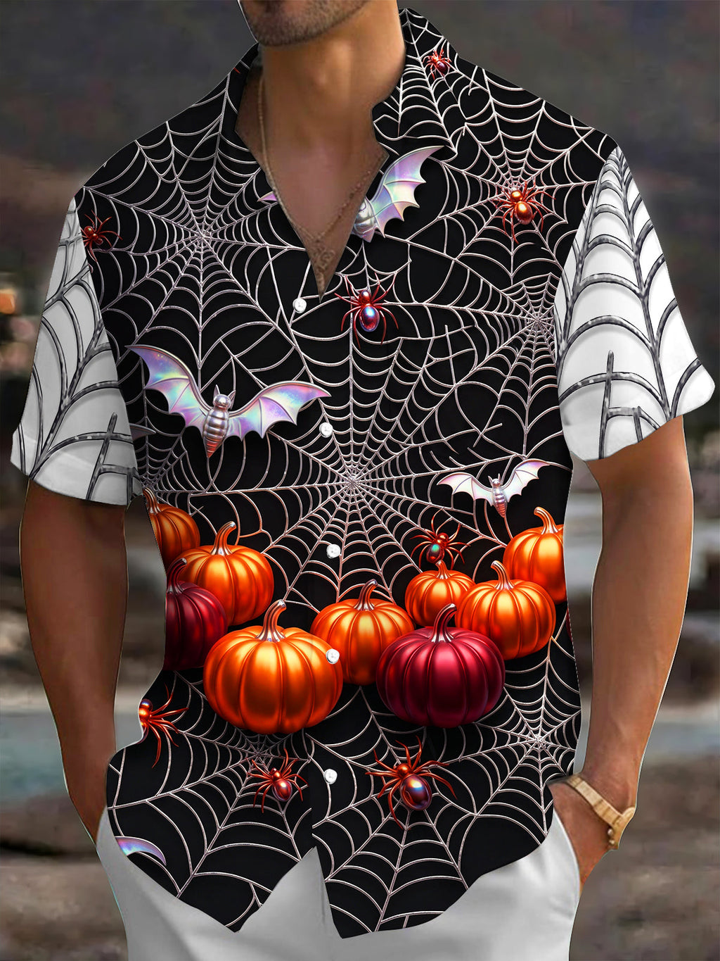 Oceanlyte Men's Short Sleeve Shirt - Halloween Pumpkins Bats Spiders And Spiderwebs Print with Chest Pocket