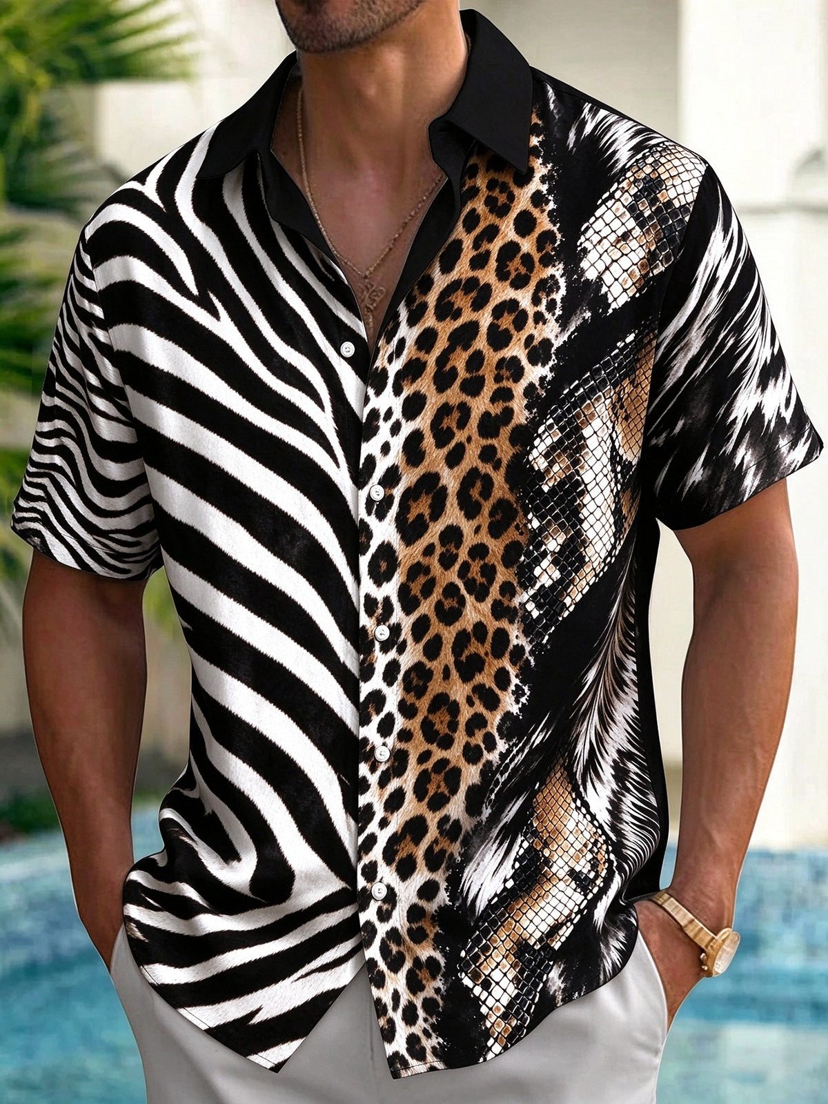 Oceanlyte Men's Short Sleeve Shirt - Mixed Animal Prints Including Zebra Stripes Leopard Spots And Snake Scales Print with Chest Pocket