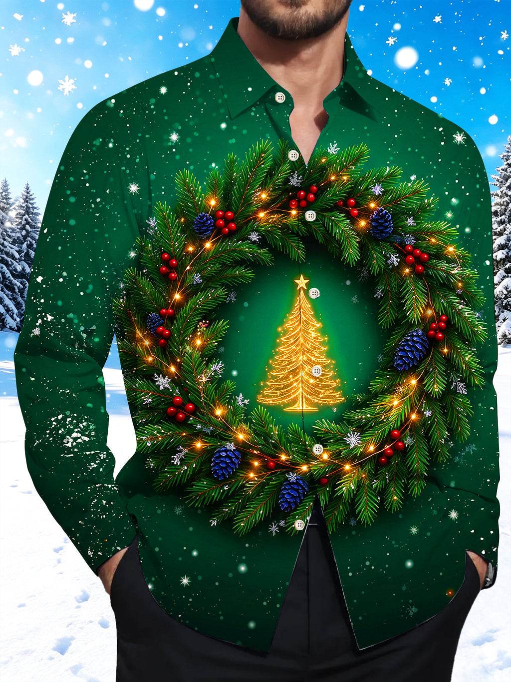 Oceanlyte Men's Christmas Wreath With Golden Tree Print Long Sleeve Shirt with Chest Pocket