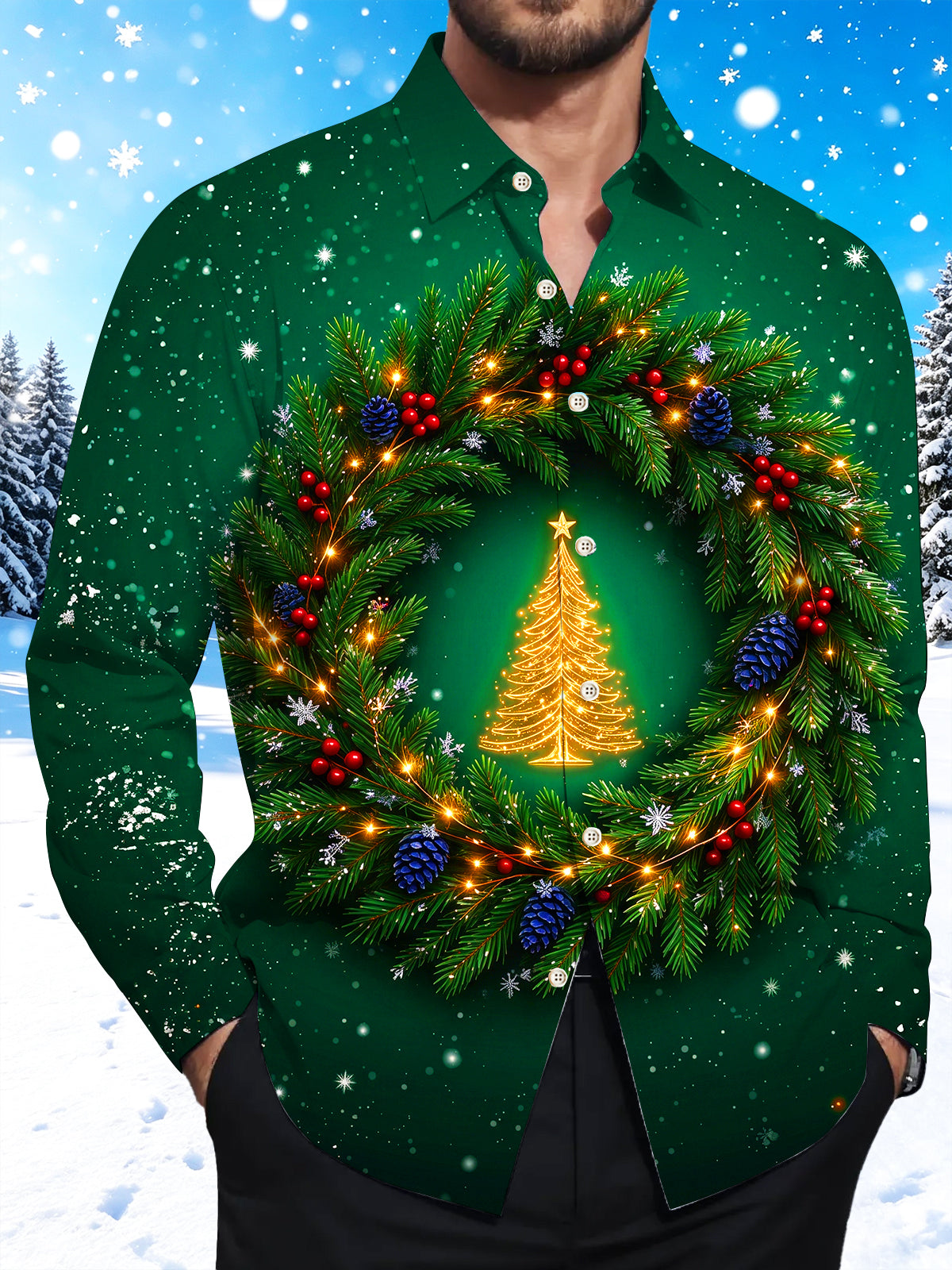Oceanlyte Men's Christmas Wreath With Golden Tree Print Long Sleeve Shirt with Chest Pocket