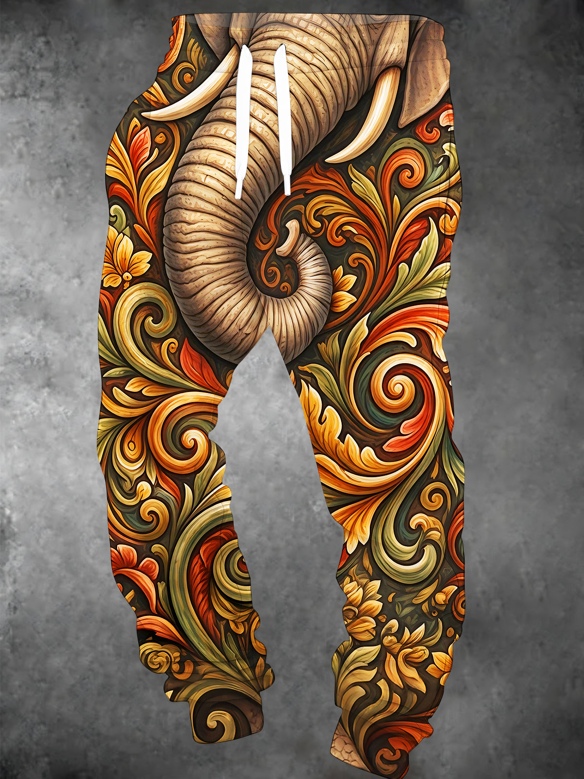 Oceanlyte Men's Vintage Style Carved Elephant With Floral Scrollwork Print Pants