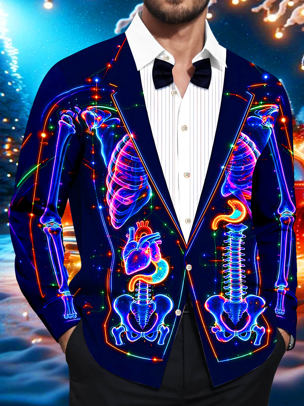 Oceanlyte Men's Neon Skeleton Anatomy With Organs Print Long Sleeve Shirt with Chest Pocket