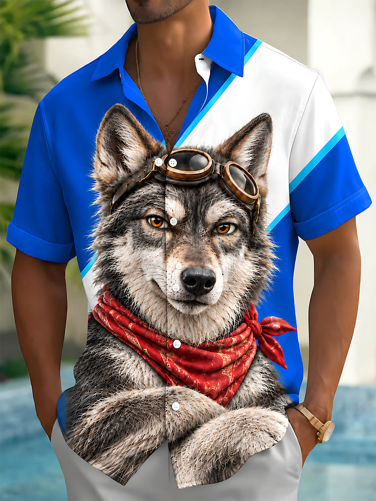 Oceanlyte Men's Short Sleeve Shirt - Wolf With Aviator Goggles And Red Bandana Print with Chest Pocket