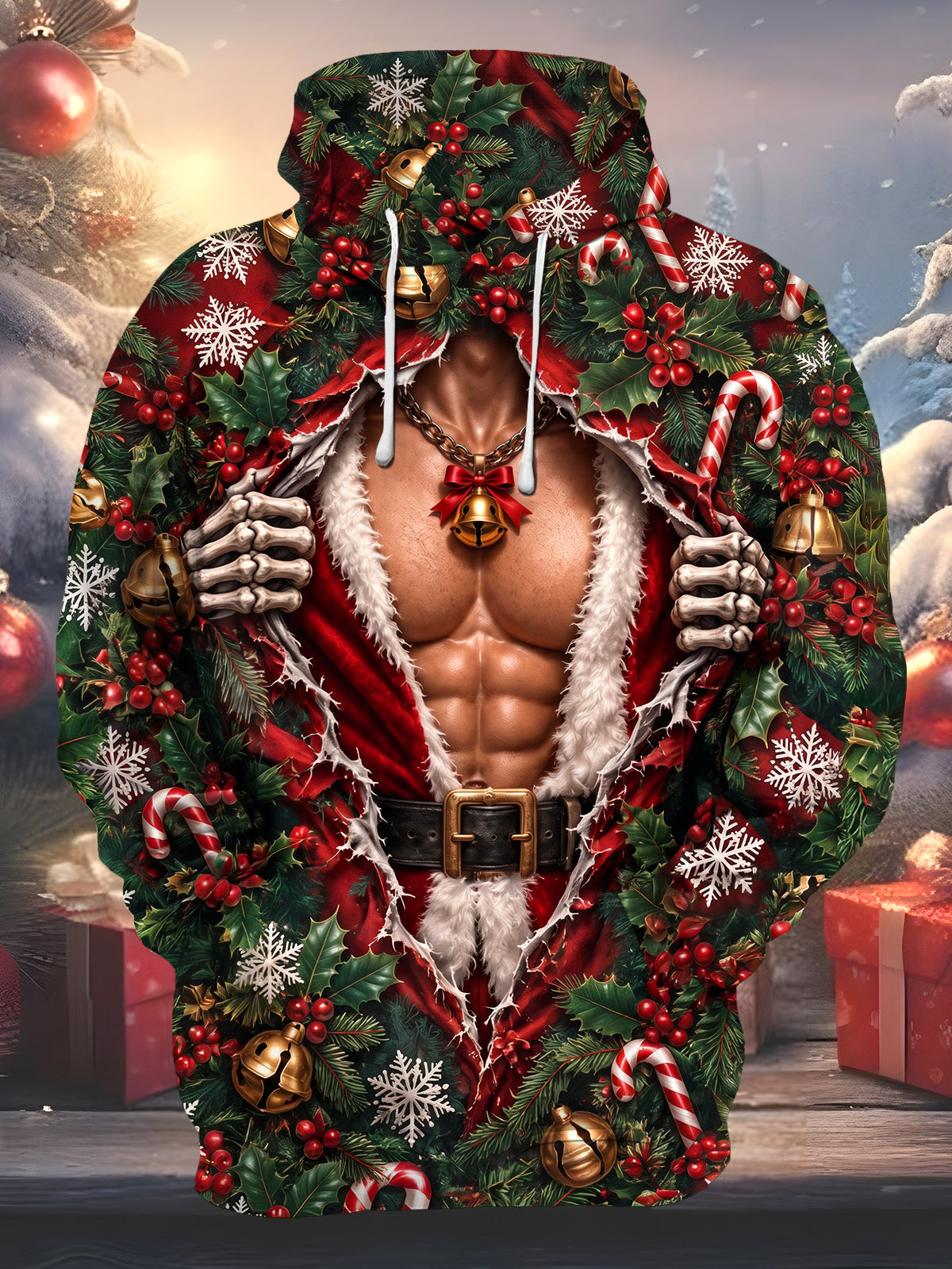 Oceanlyte Men's Long Sleeve Hoodie - Muscle Man In Santa Suit With Skeleton Hands Print