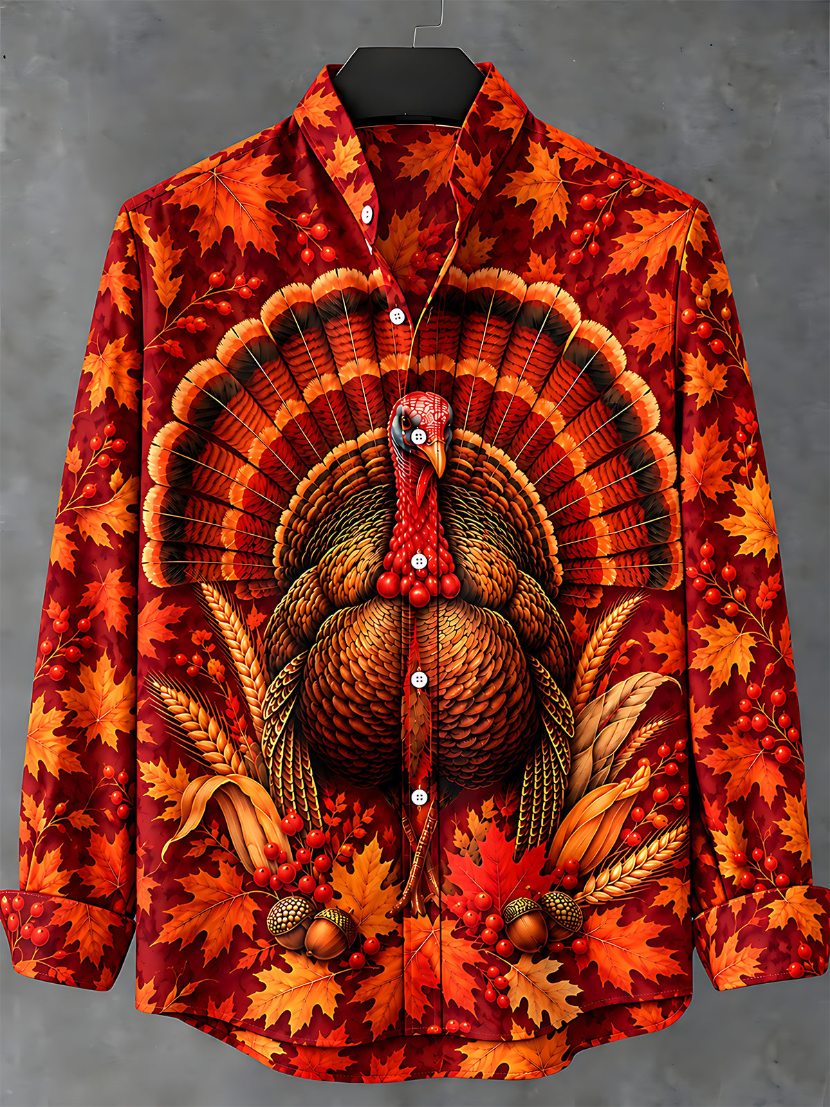 Oceanlyte Men's Long Sleeve Shirt - Thanksgiving Turkey With Maple Leaves And Acorns Print
