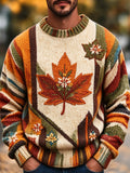 Oceanlyte Men's Long Sleeve Crew Neck Sweater - Autumn Maple Leaf And Floral Motif Print