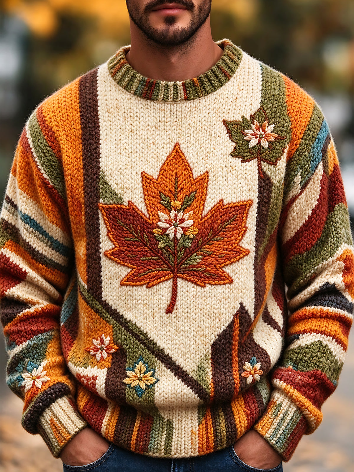 Oceanlyte Men's Long Sleeve Crew Neck Sweater - Autumn Maple Leaf And Floral Motif Print
