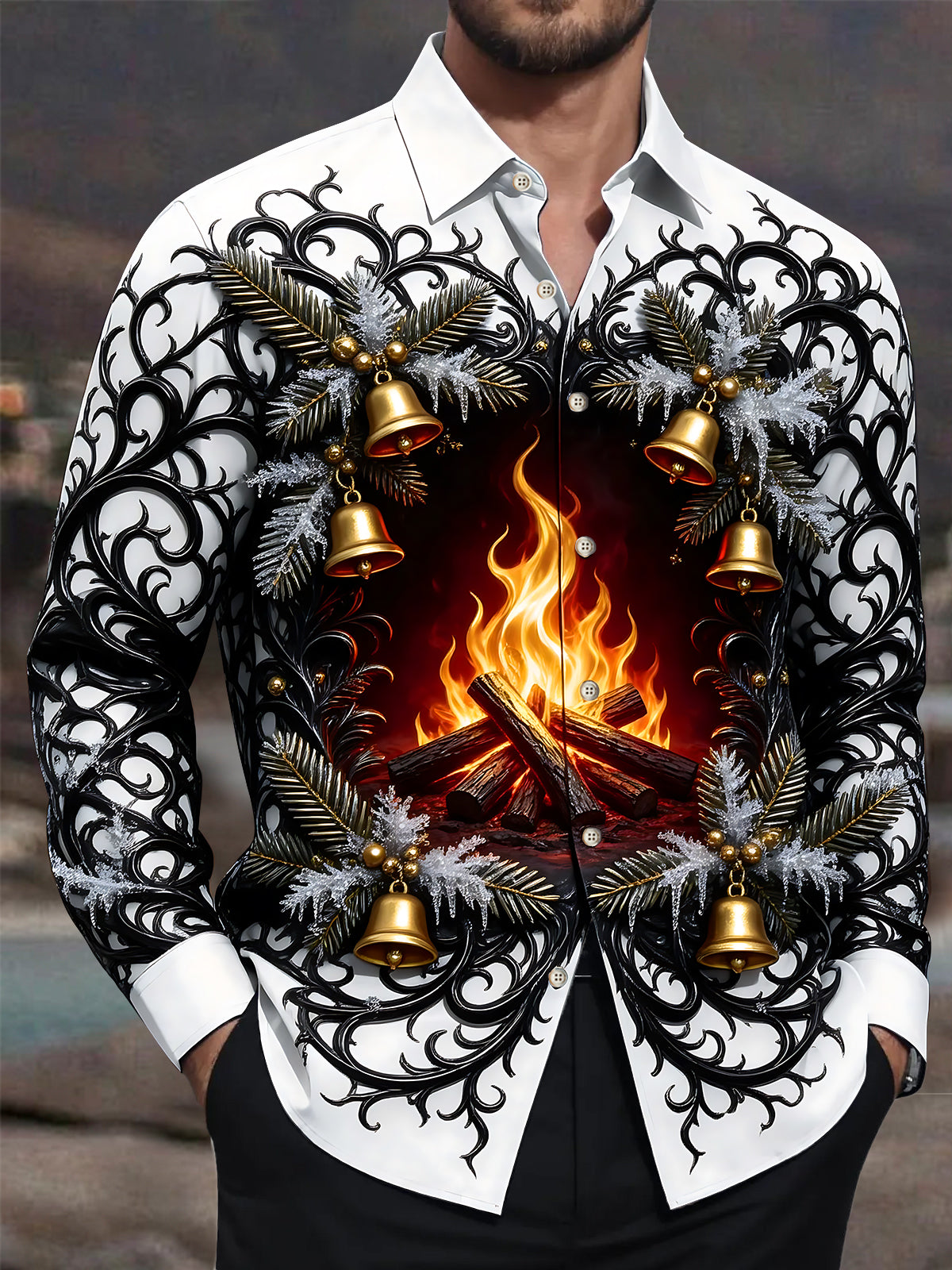 Oceanlyte Men's Printed Christmas Bonfire And Bells Print Long Sleeve Shirt with Chest Pocket