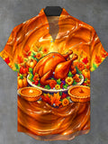 Oceanlyte Men's Short Sleeve Stand Collar Shirt - Thanksgiving Roasted Turkey And Pumpkin Pies Print with Chest Pocket