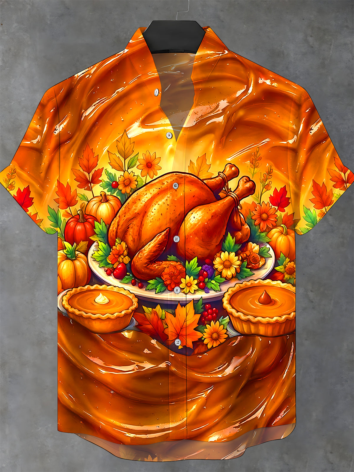 Oceanlyte Men's Short Sleeve Stand Collar Shirt - Thanksgiving Roasted Turkey And Pumpkin Pies Print with Chest Pocket