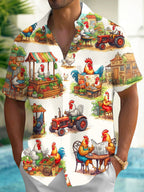 Oceanlyte Men's Hawaiian Rooster Farm Market Scenes Print Short Sleeve Shirt with Chest Pocket