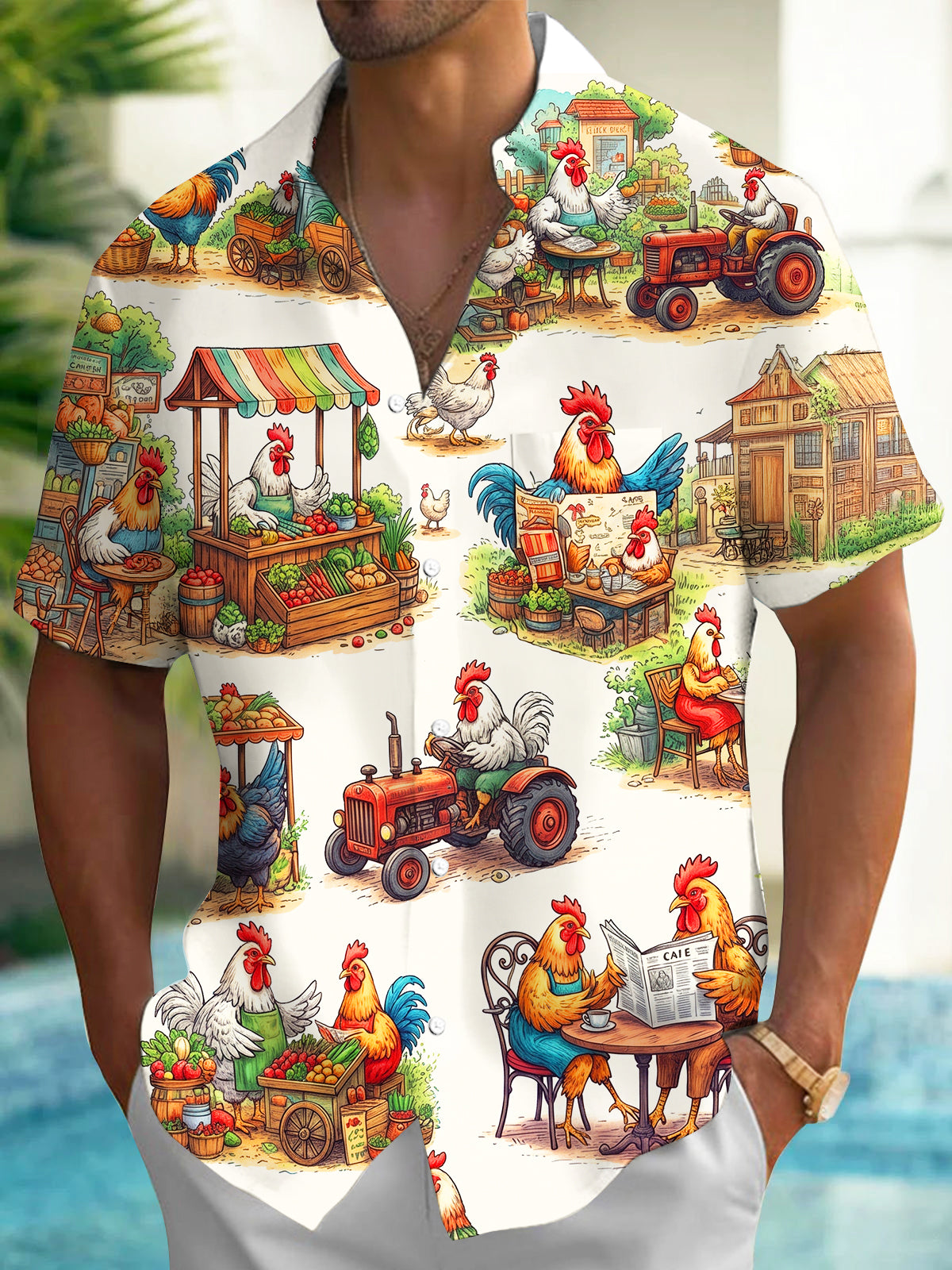Oceanlyte Men's Hawaiian Rooster Farm Market Scenes Print Short Sleeve Shirt with Chest Pocket