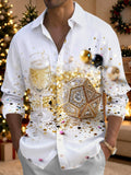 Oceanlyte Men's Long Sleeve Shirt - Christmas Champagne Glass And Geometric Diamond Shape Print with Chest Pocket